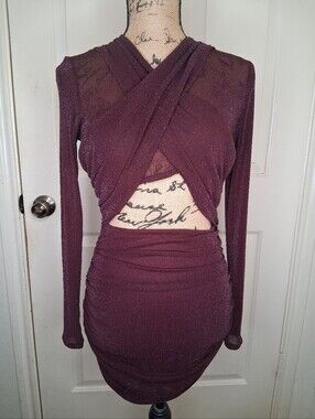 Privy Burgundy Glitter Ruched Cutout Bodycon Mini Dress M